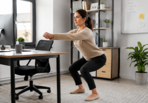 Woman performing bodyweight squats in office attire beside her desk to break up sitting and support blood sugar control during the workday.