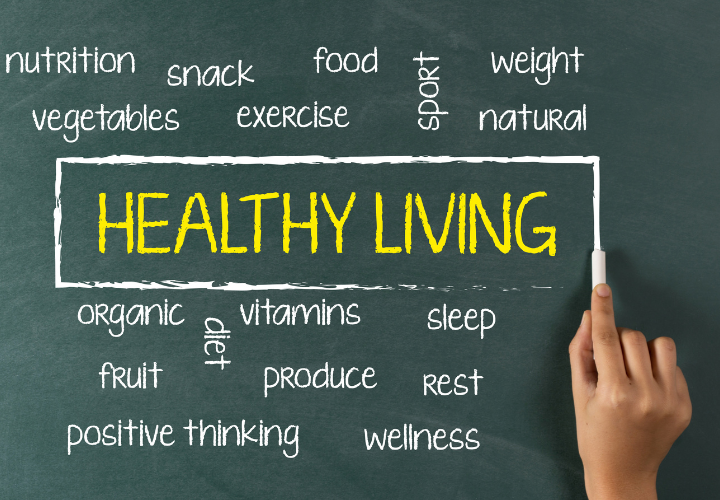 Healthy living concept with nutrition, exercise, sleep, wellness, and healthy lifestyle habits written on a chalkboard.