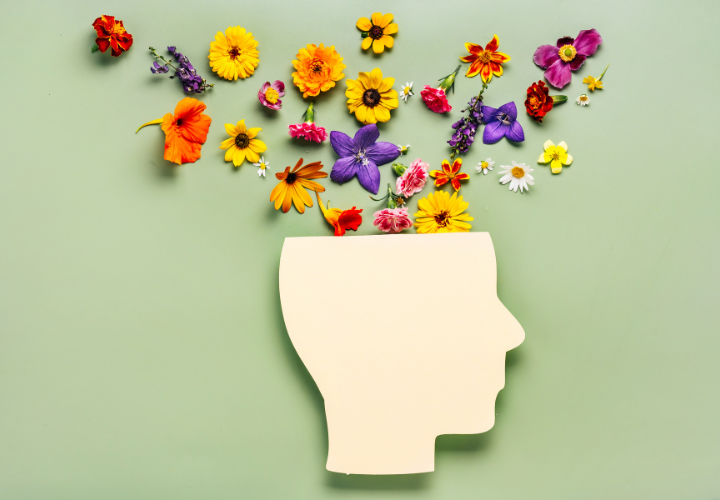 Illustration of a human head filled with colorful flowers representing holistic mental health and brain wellness.