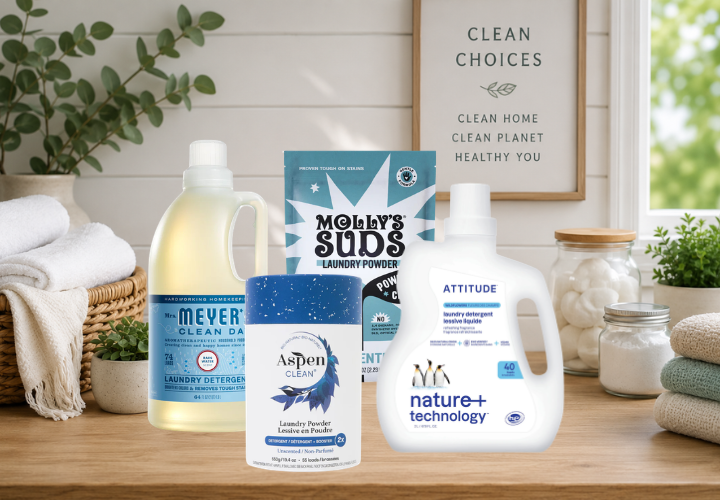 Fragrance-free and lower-tox laundry detergent brands including Molly's Suds, AspenClean, Attitude, and Mrs. Meyer's displayed on a clean laundry room counter.