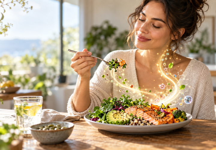 Woman eating a balanced whole-food meal with a visual representation of nutrients being used by the body