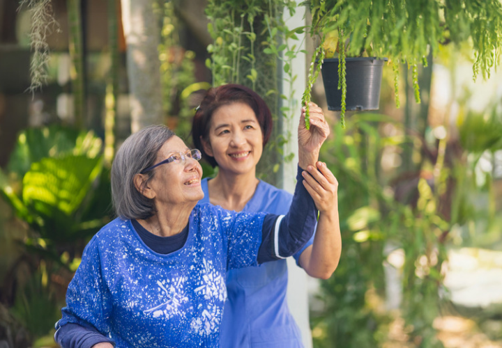 Older Asian woman and younger woman tending plants together, demonstrating everyday movement and intergenerational connection.